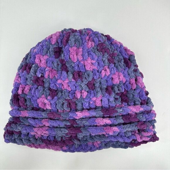 Handmade New Purple Pink Chunky Chenille Slouchy Winter Knit Beanie Large - Picture 7 of 11